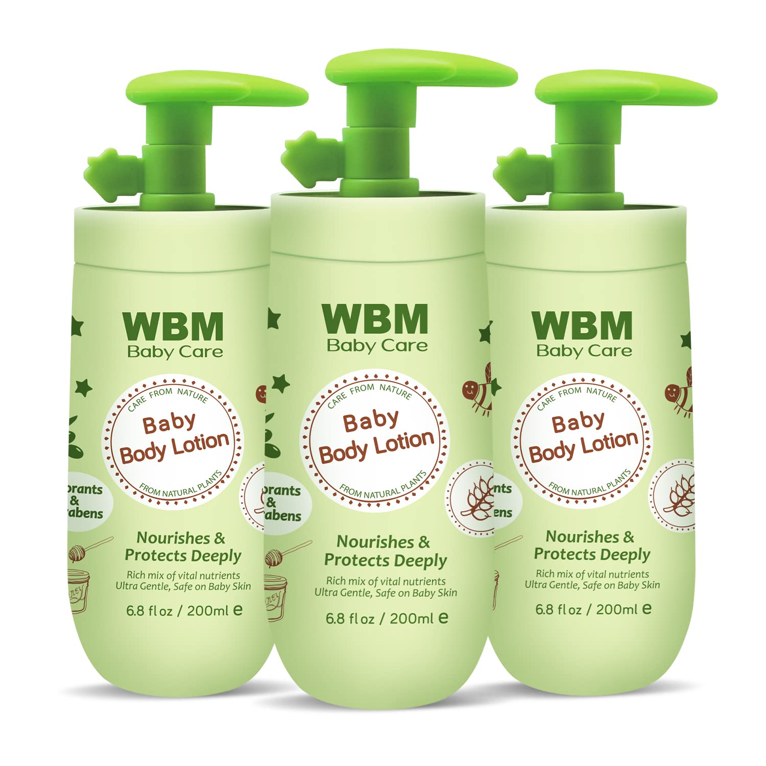 WBM Care Baby Lotion packaging shows a fragrance-free formula for sensitive infant skin.