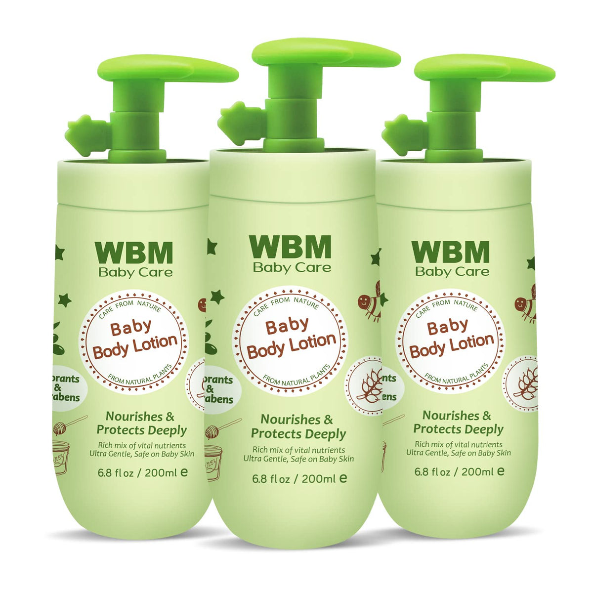 WBM Care Baby Lotion packaging shows a fragrance-free formula for sensitive infant skin.