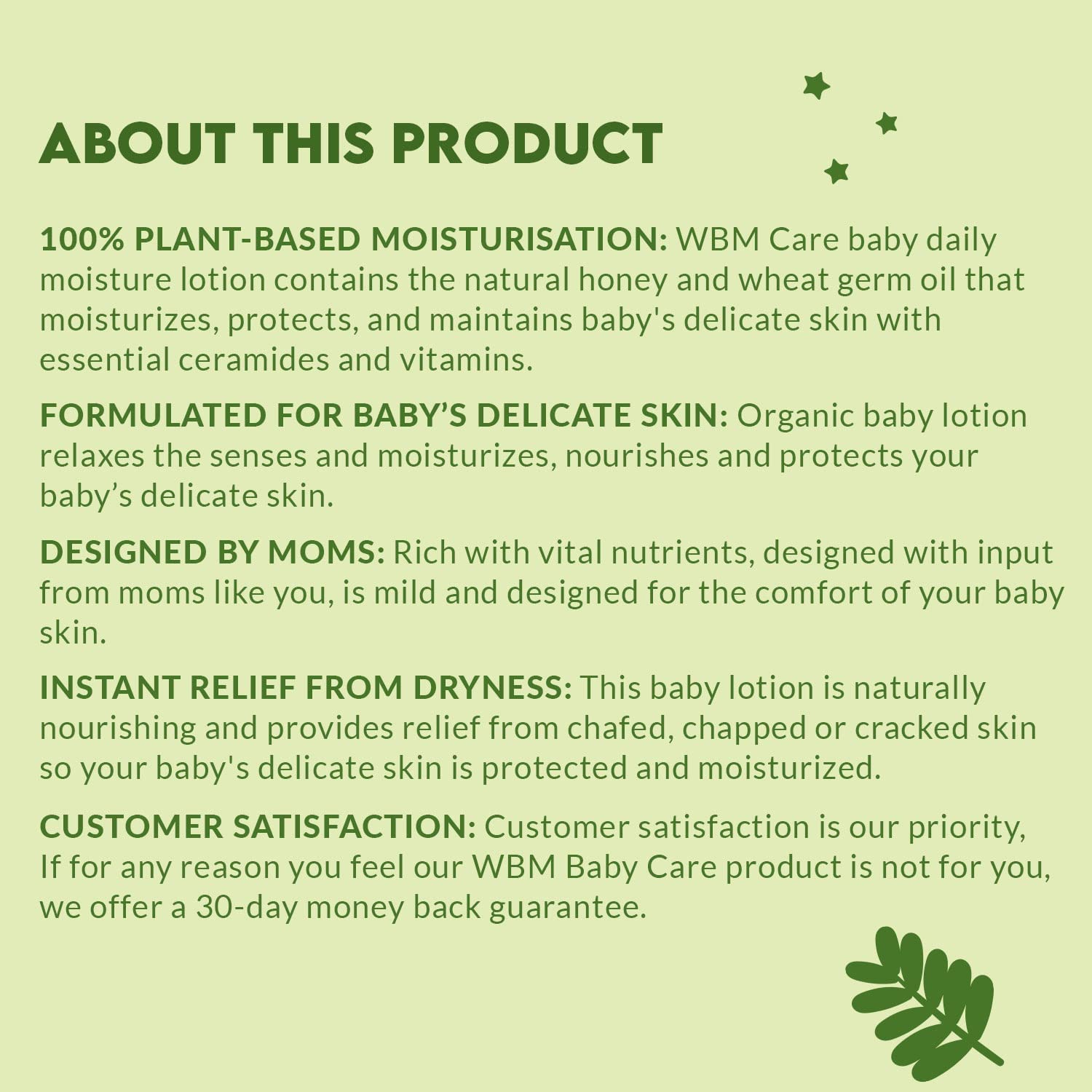 WBM Care Baby Lotion applied to soft skin for lasting moisture.