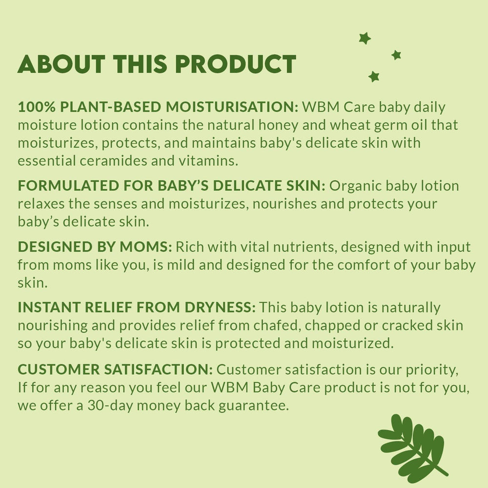 WBM Care Baby Lotion applied to soft skin for lasting moisture.