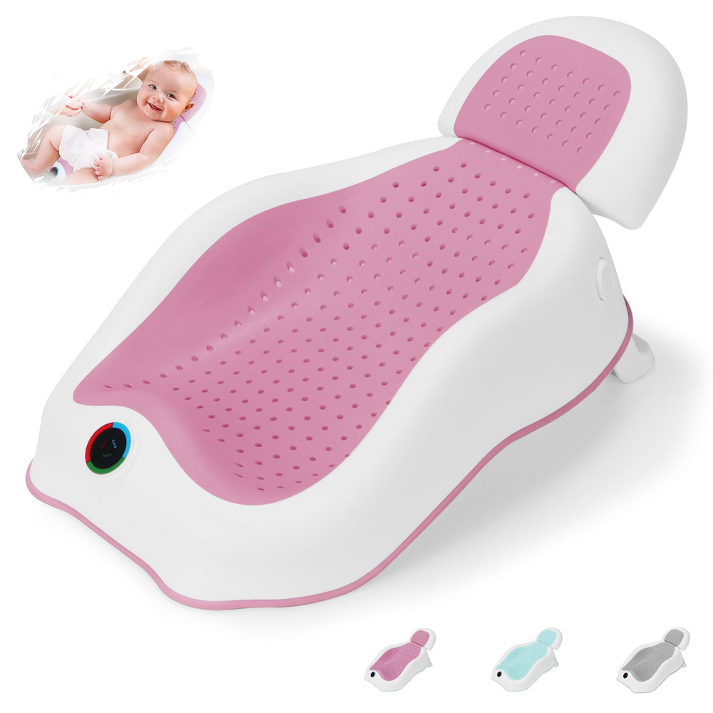 Wddbb Baby Bath Support pink in use, supports newborn comfort during bath time.
