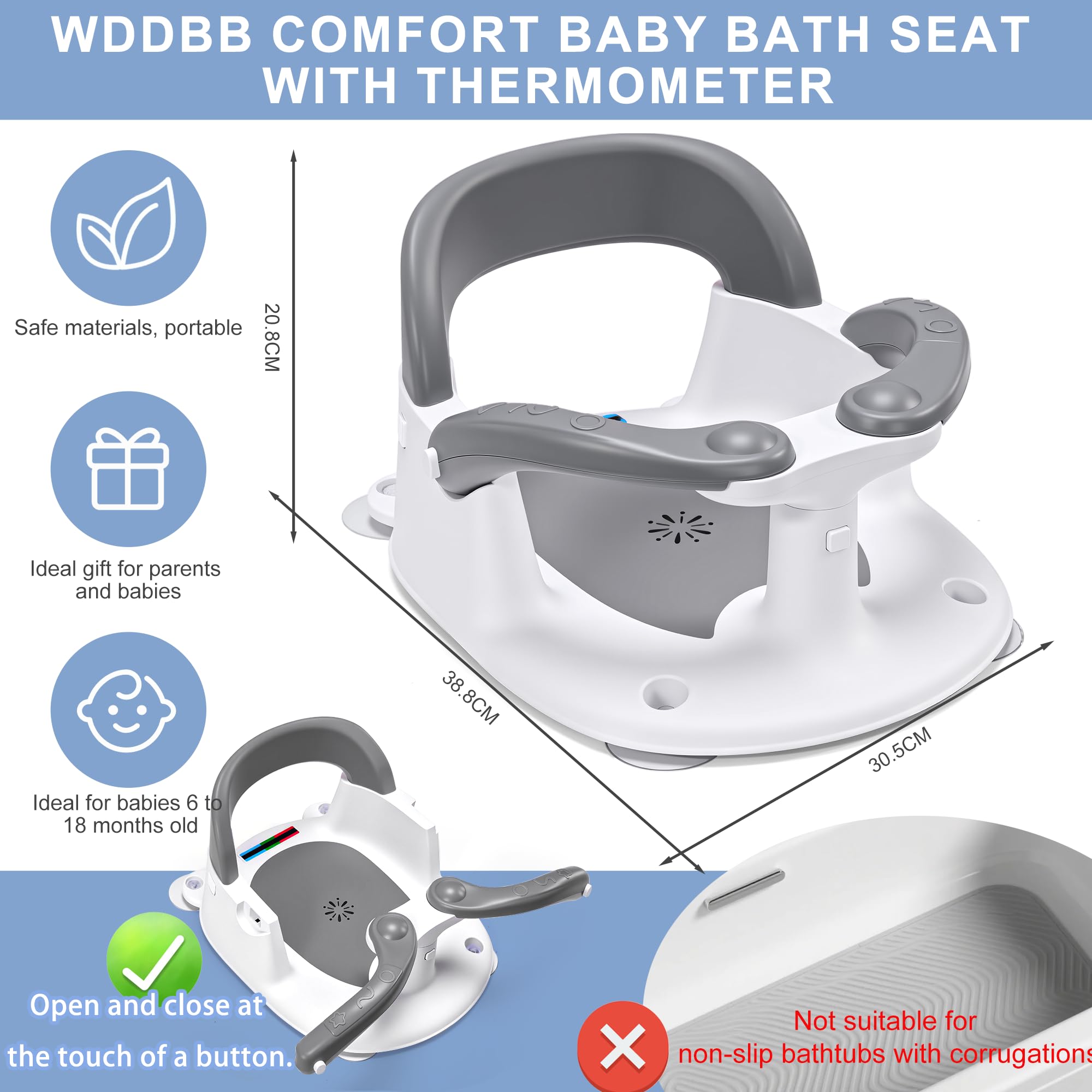 Wddbb four suction cups keep the seat secure on smooth tub surfaces
