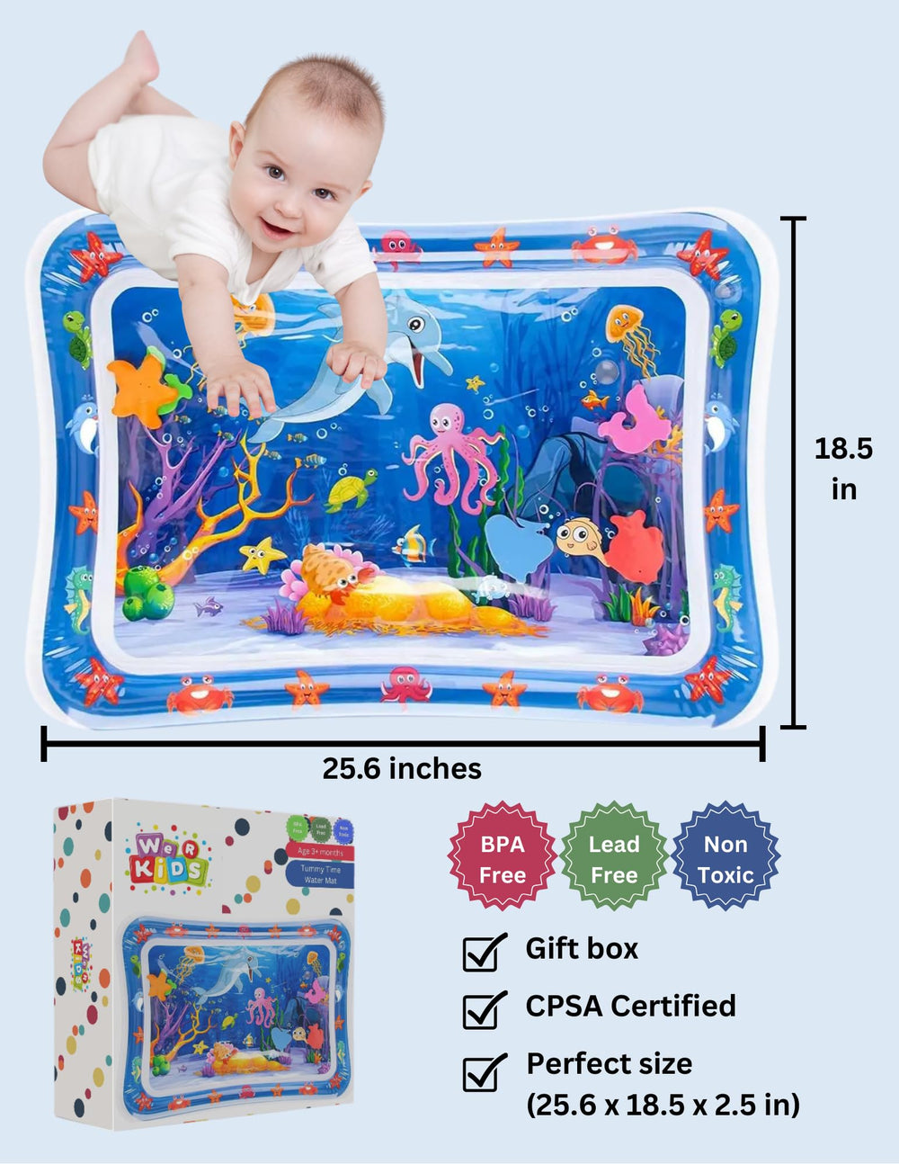 We R Kids tummy time mat offers an inner water area that enhances visual tracking during play.