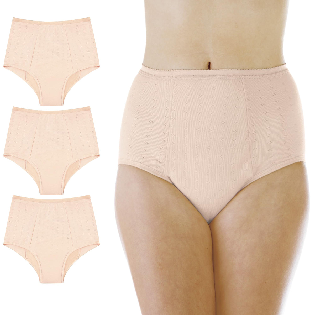 Wearever women's maximum absorbency panties in beige, front view, discreet daily protection.