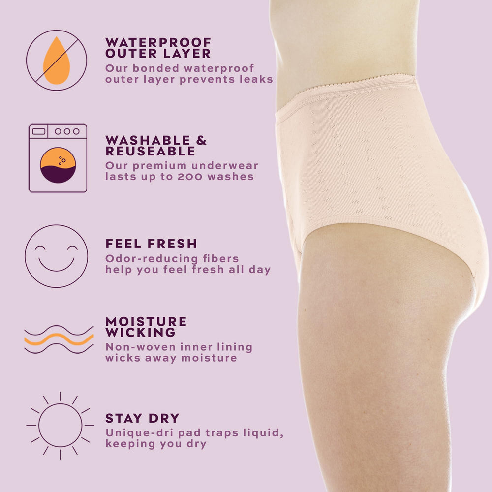 Wearever pack of three beige panties for reusable protection on busy days.