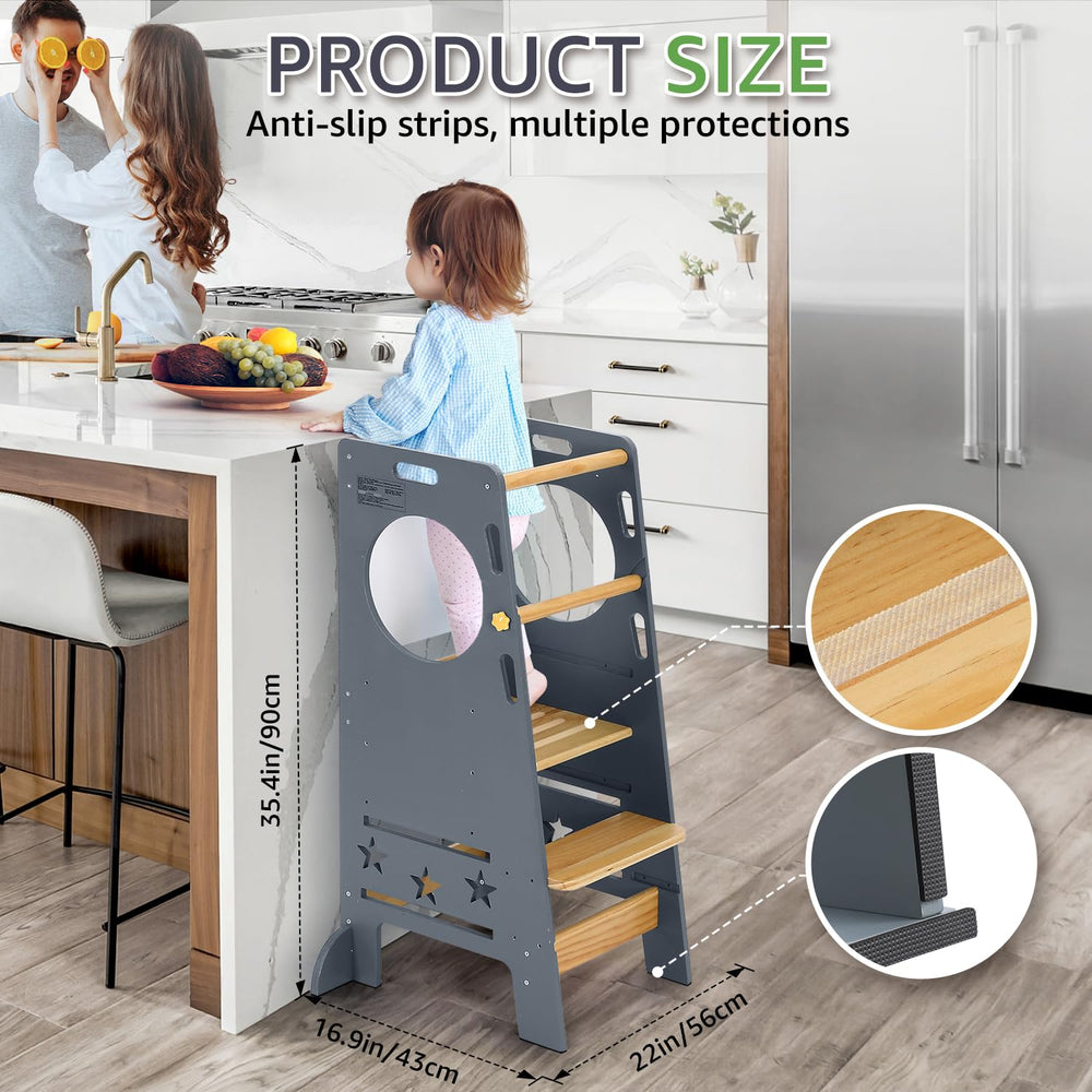 WeaveWiz Toddler Tower safety rail highlights enhanced protection during use.
