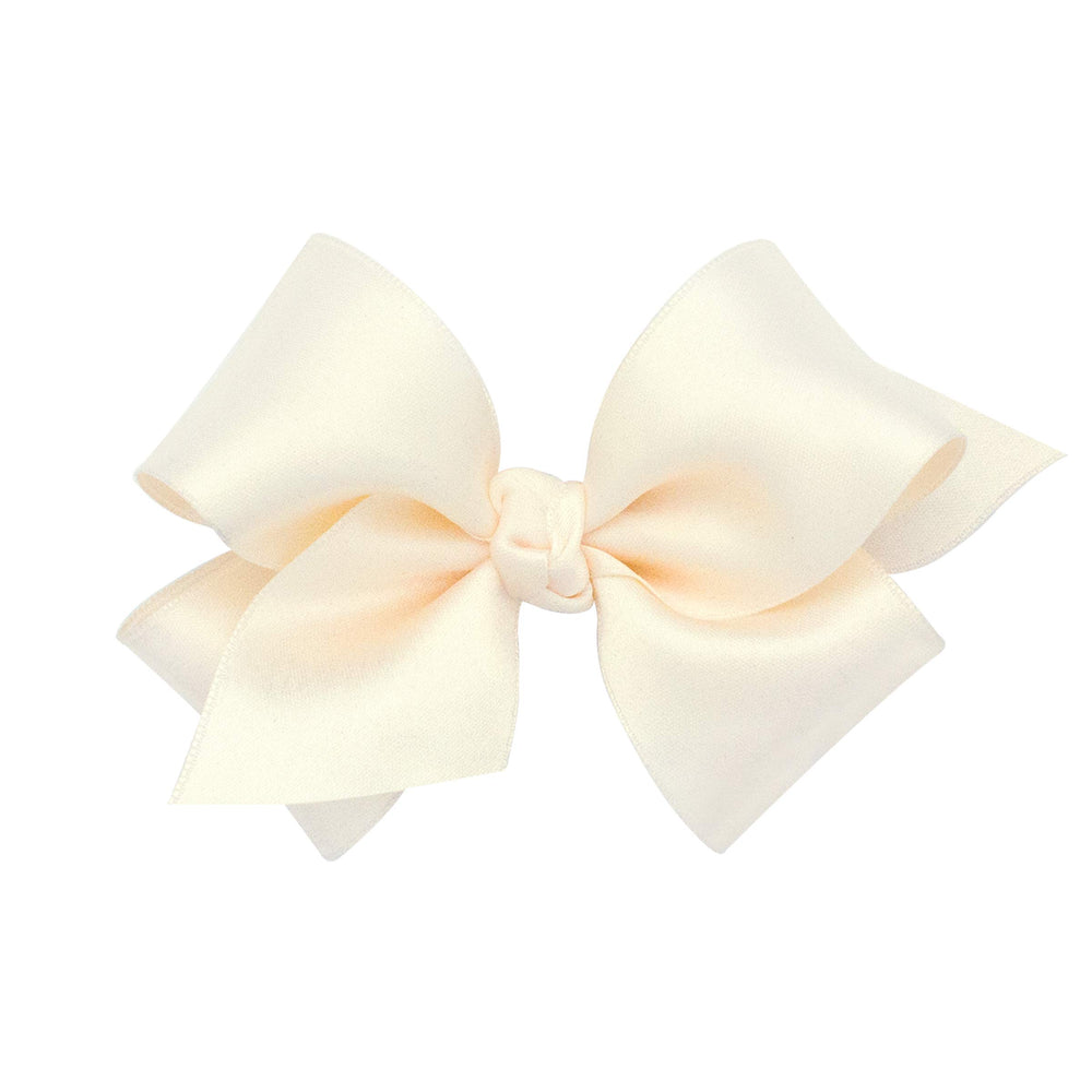 Wee Ones satin bow with WeeStay clip, close-up of knot wrap in ecru.