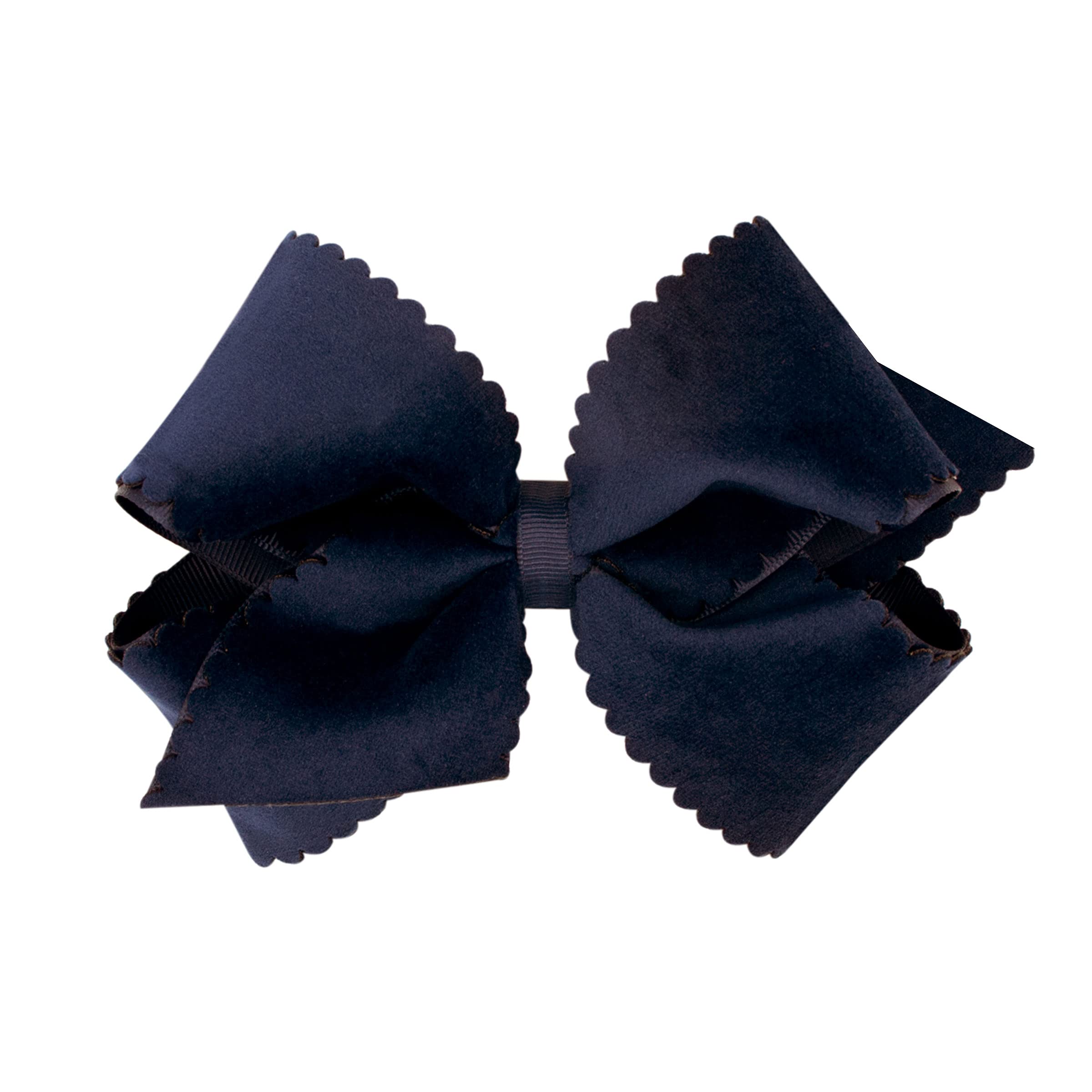 Wee Ones navy grosgrain hair bow with scalloped velvet overlay, stylish and easy to pair