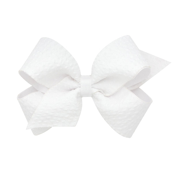 Wee Ones grosgrain seersucker bow on WeeStay clip, white, front view for polished everyday wear.