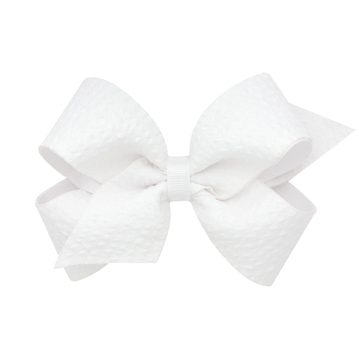 Wee Ones grosgrain seersucker bow on WeeStay clip, white, front view for polished everyday wear.