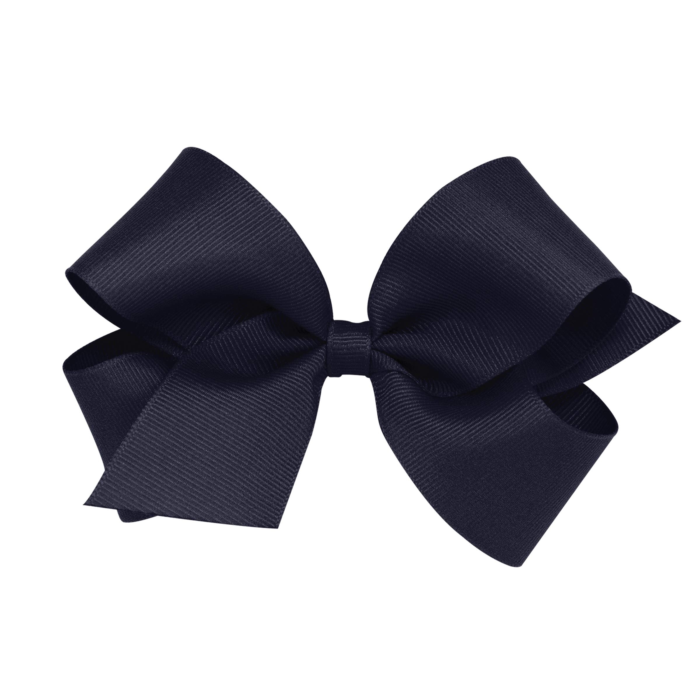 Wee Ones navy grosgrain bow on WeeStay clip stays securely in place all day.