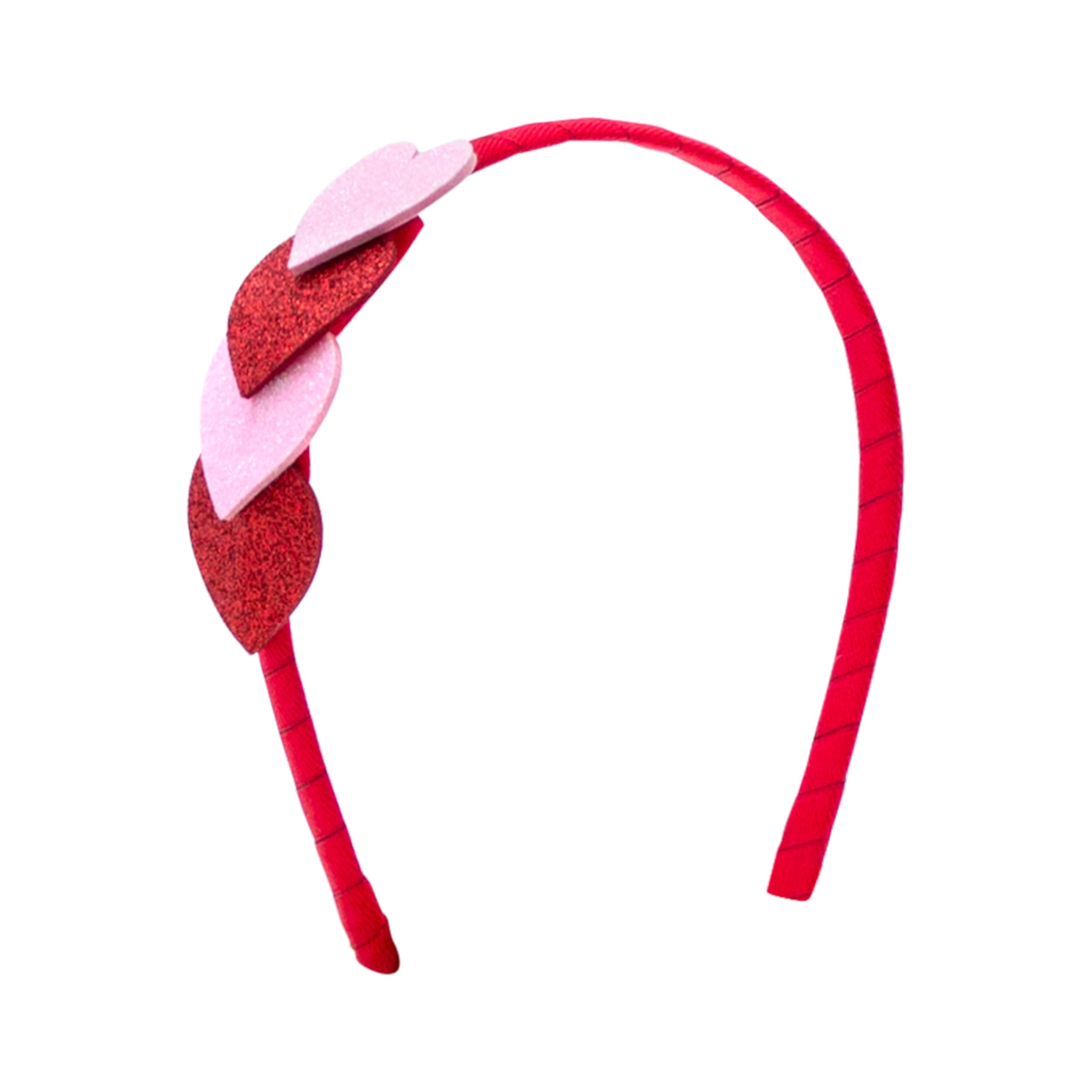 Wee Ones Valentine headband with overlapping red and pink glitter hearts for a festive look.