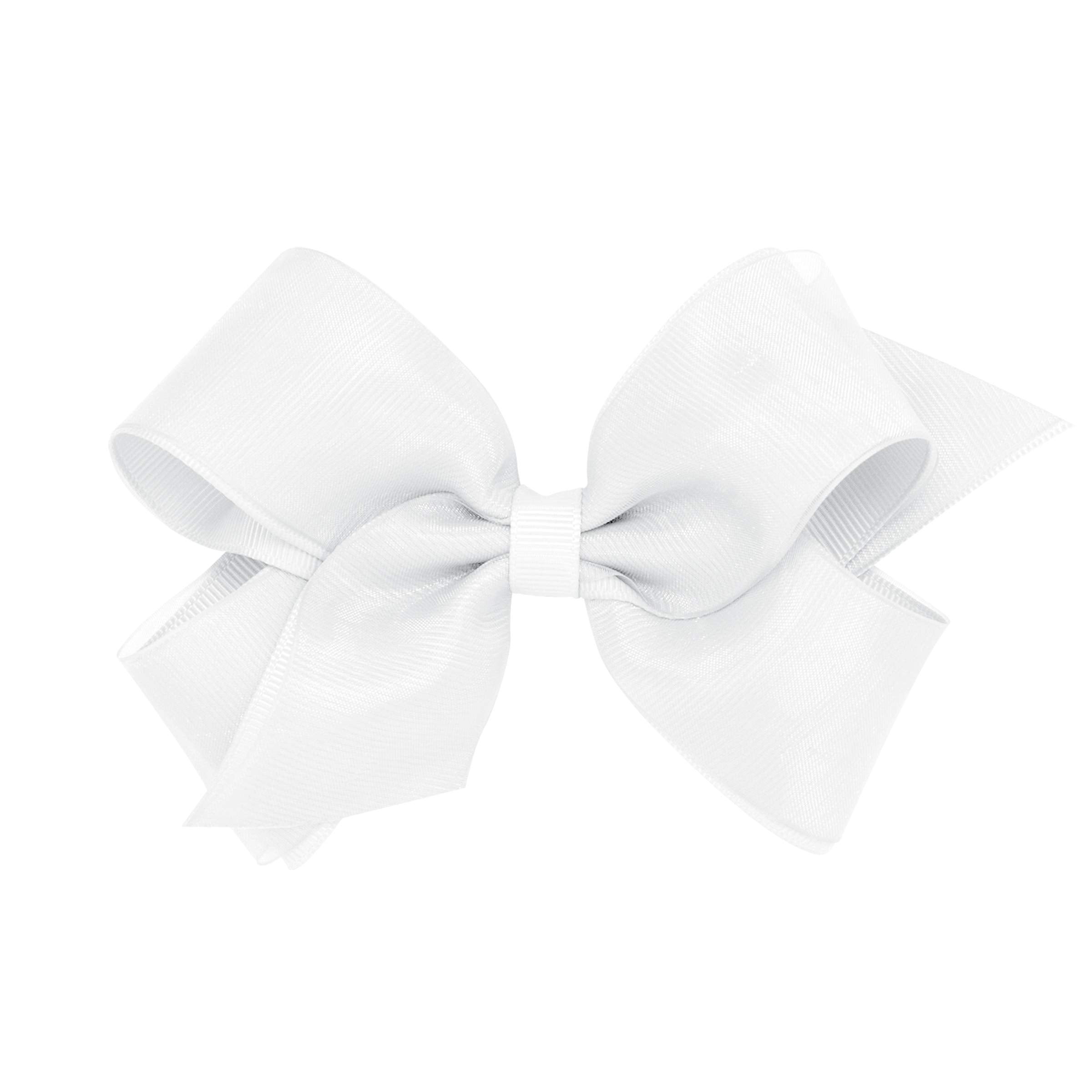 Wee Ones white grosgrain bow with organza overlay on a secure WeeStay clip for lasting hold