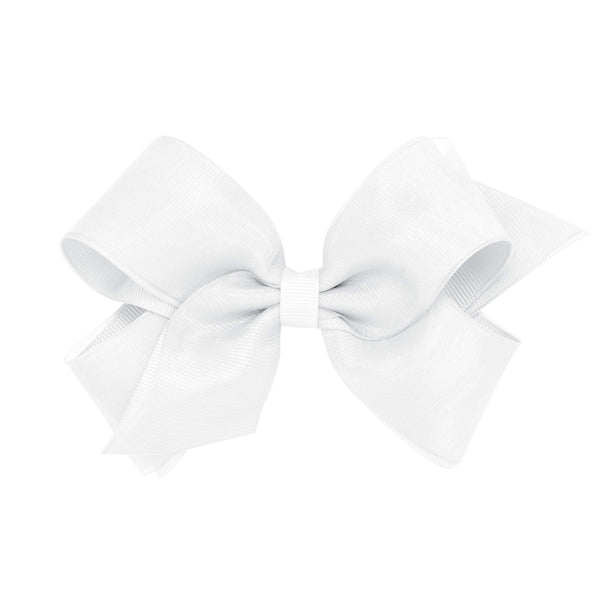 Wee Ones white grosgrain bow with organza overlay on a secure WeeStay clip for lasting hold