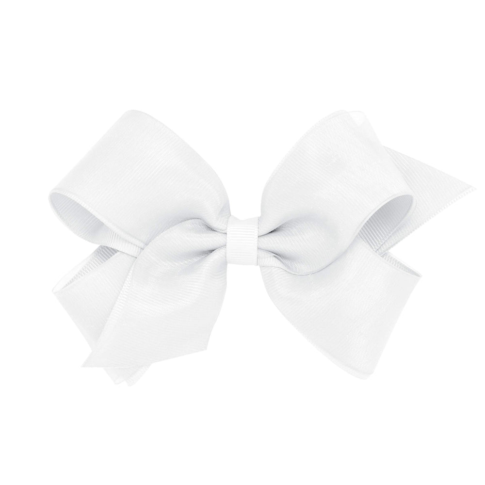 Wee Ones white grosgrain bow with organza overlay on a secure WeeStay clip for lasting hold