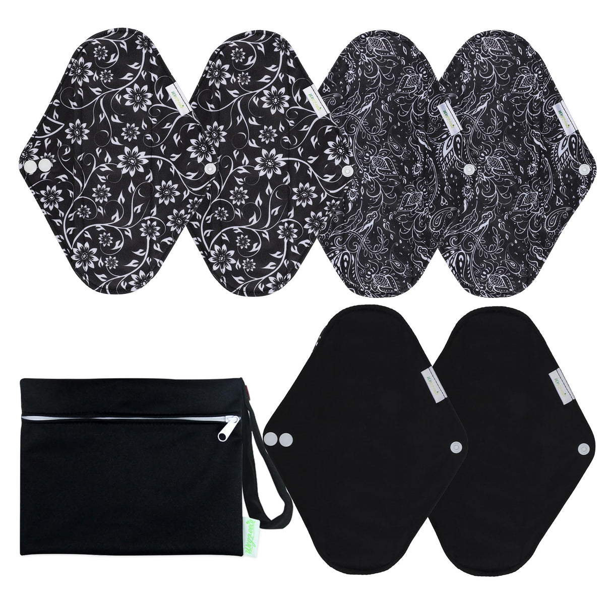 Wegreeco reusable pads flatlay showing the six-pack set for eco-friendly period care.