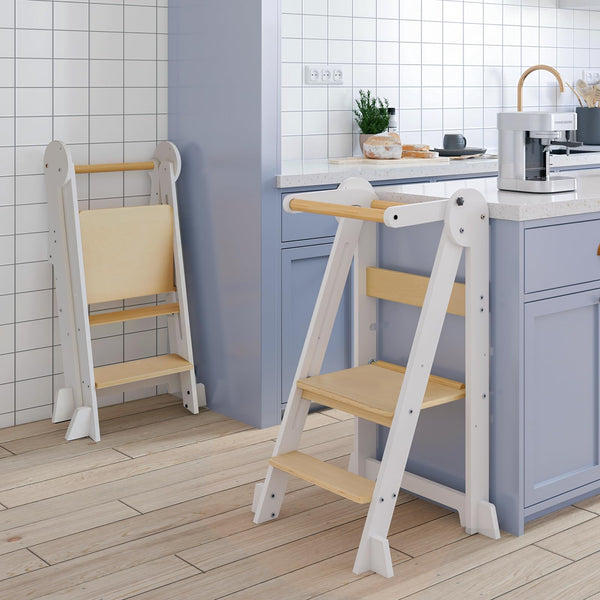 WeeGuruu foldable toddler standing tower ready for safe kitchen participation.