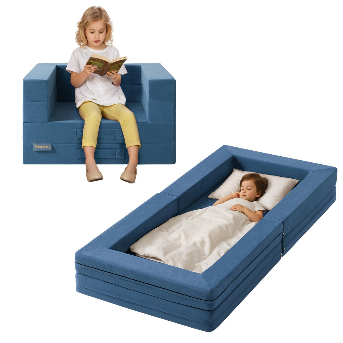 WeeGuruu travel toddler bed showing 3-in-1 conversion for trips and naps