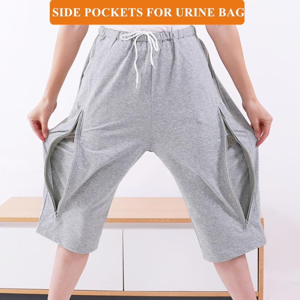 WEEOATAR catheter pants side pocket open demonstrates easy bag access and storage.
