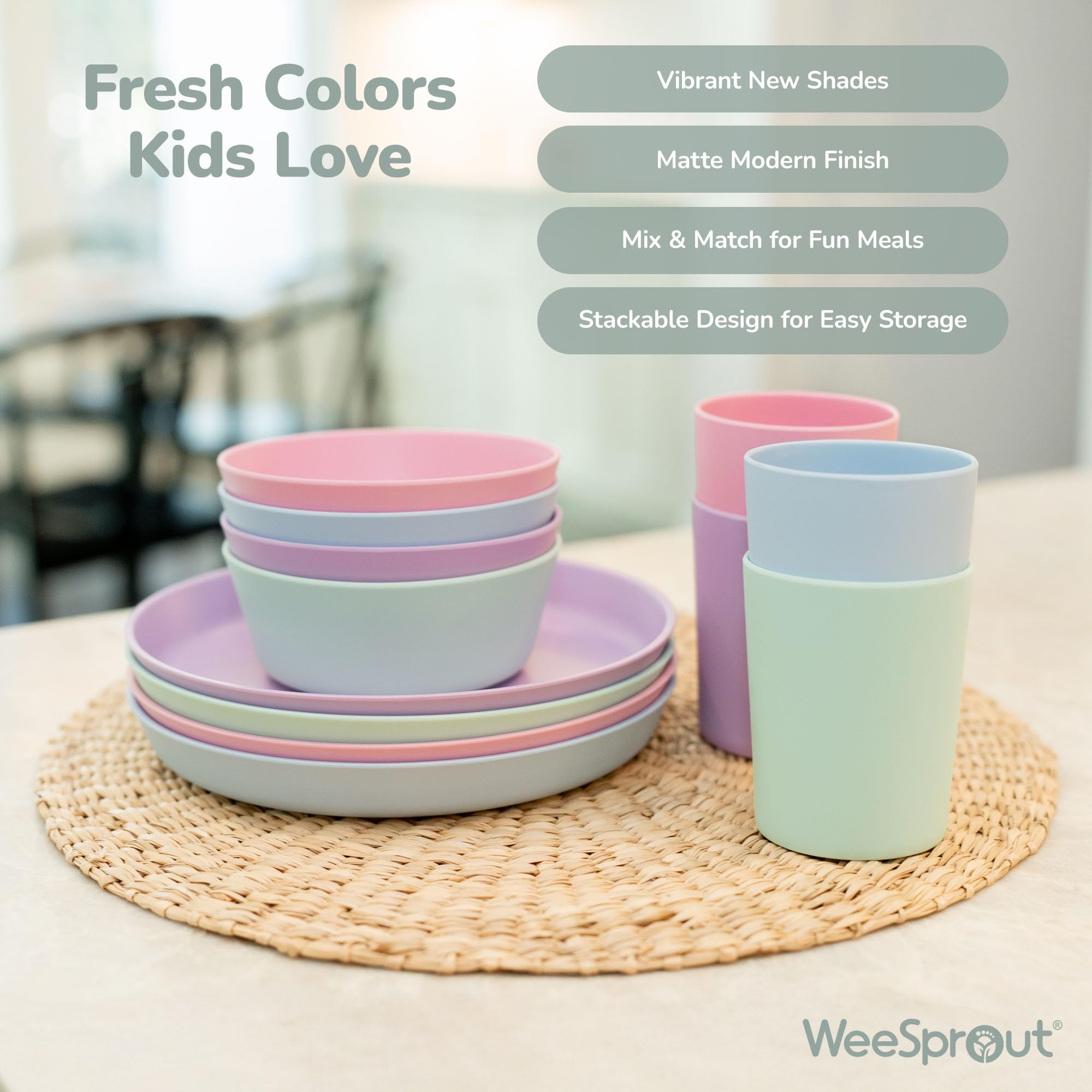 WeeSprout bamboo plates on table showing colors blend with decor