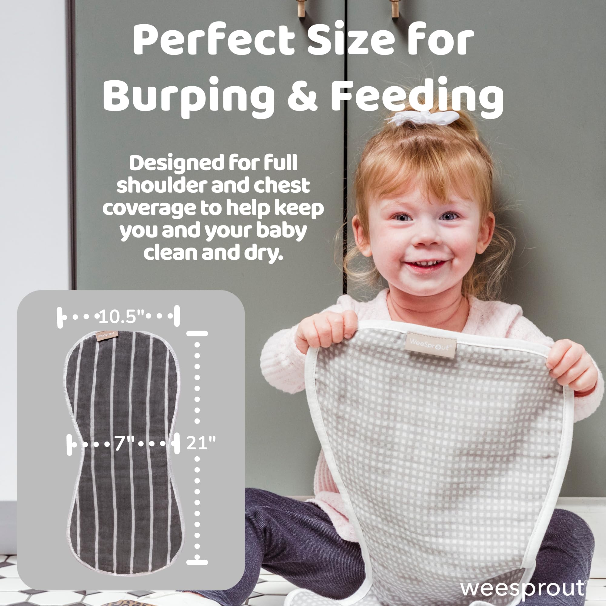 WeeSprout four-layer burp cloths feature peanut-shape shoulder-fit.