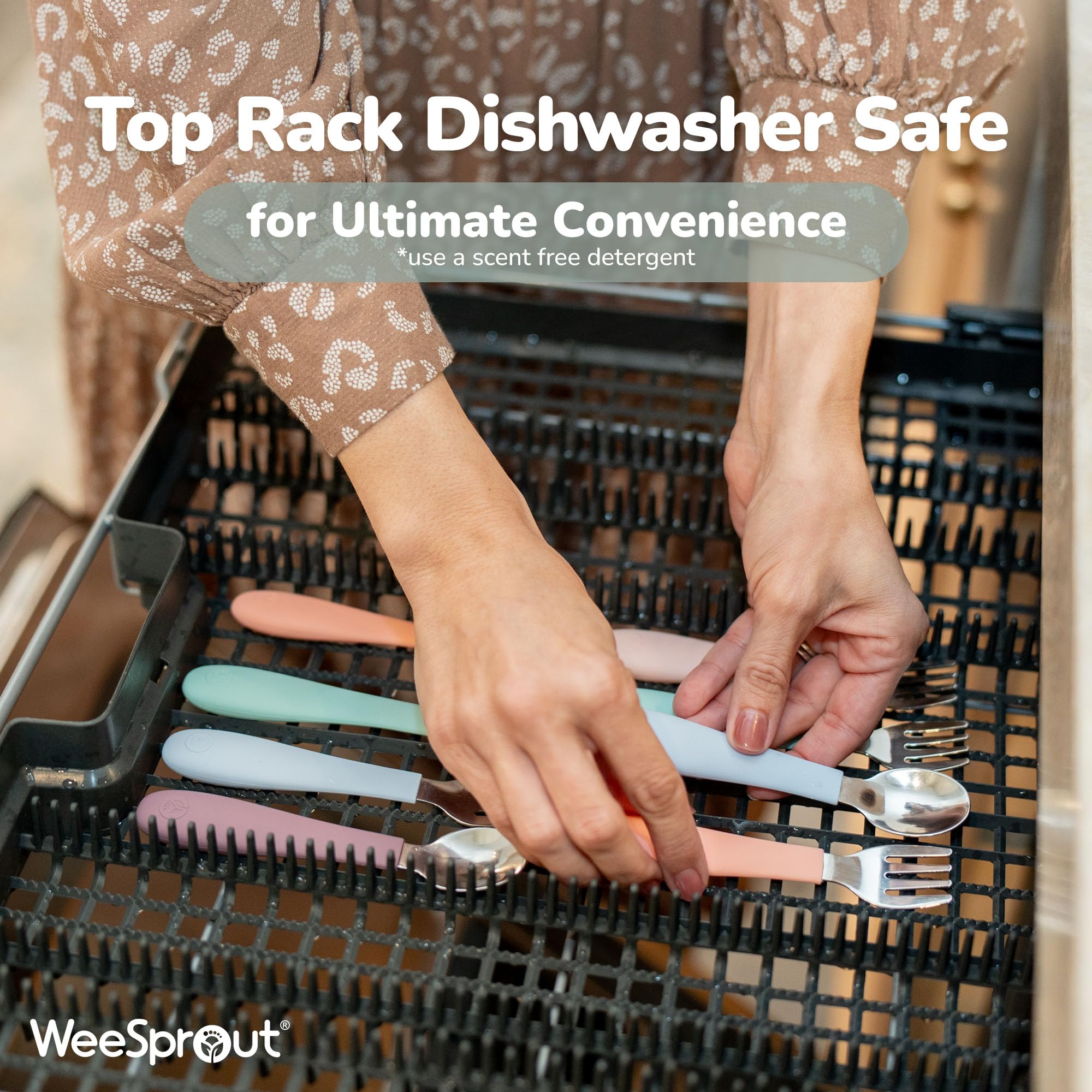 WeeSprout utensils are dishwasher-safe for easy cleanup.