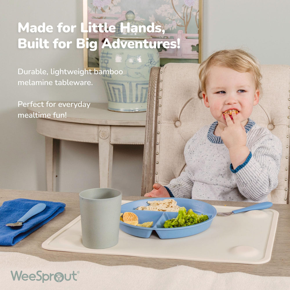 WeeSprout divided compartments and raised edges prevent spills during self-feeding.