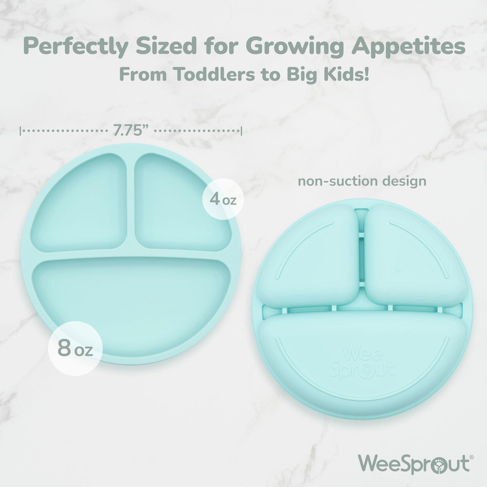 WeeSprout divided plate sections closeup, keeps foods separate for picky eaters.