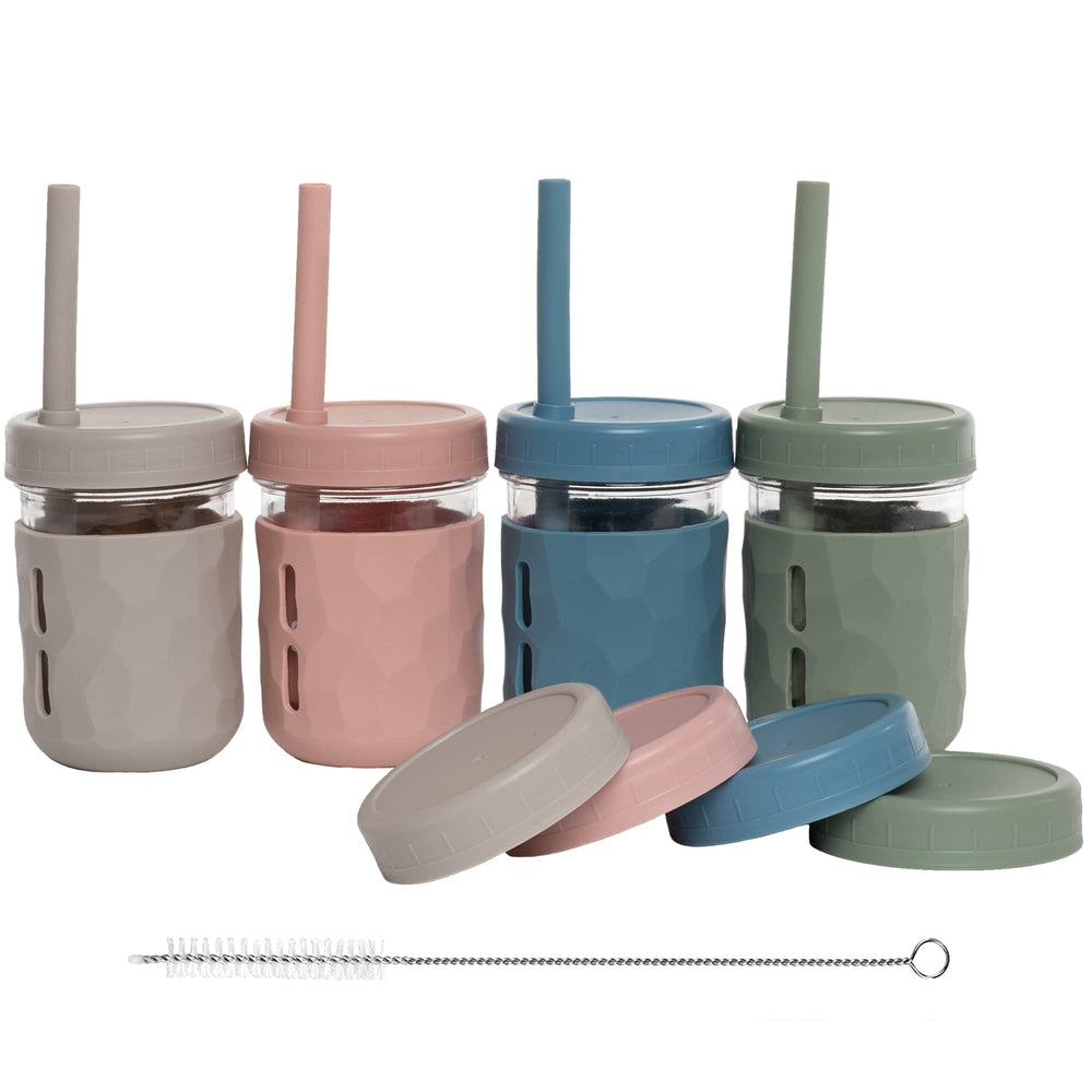 WeeSprout glass cups with lids and straws set of four, spill-resistant for toddlers.