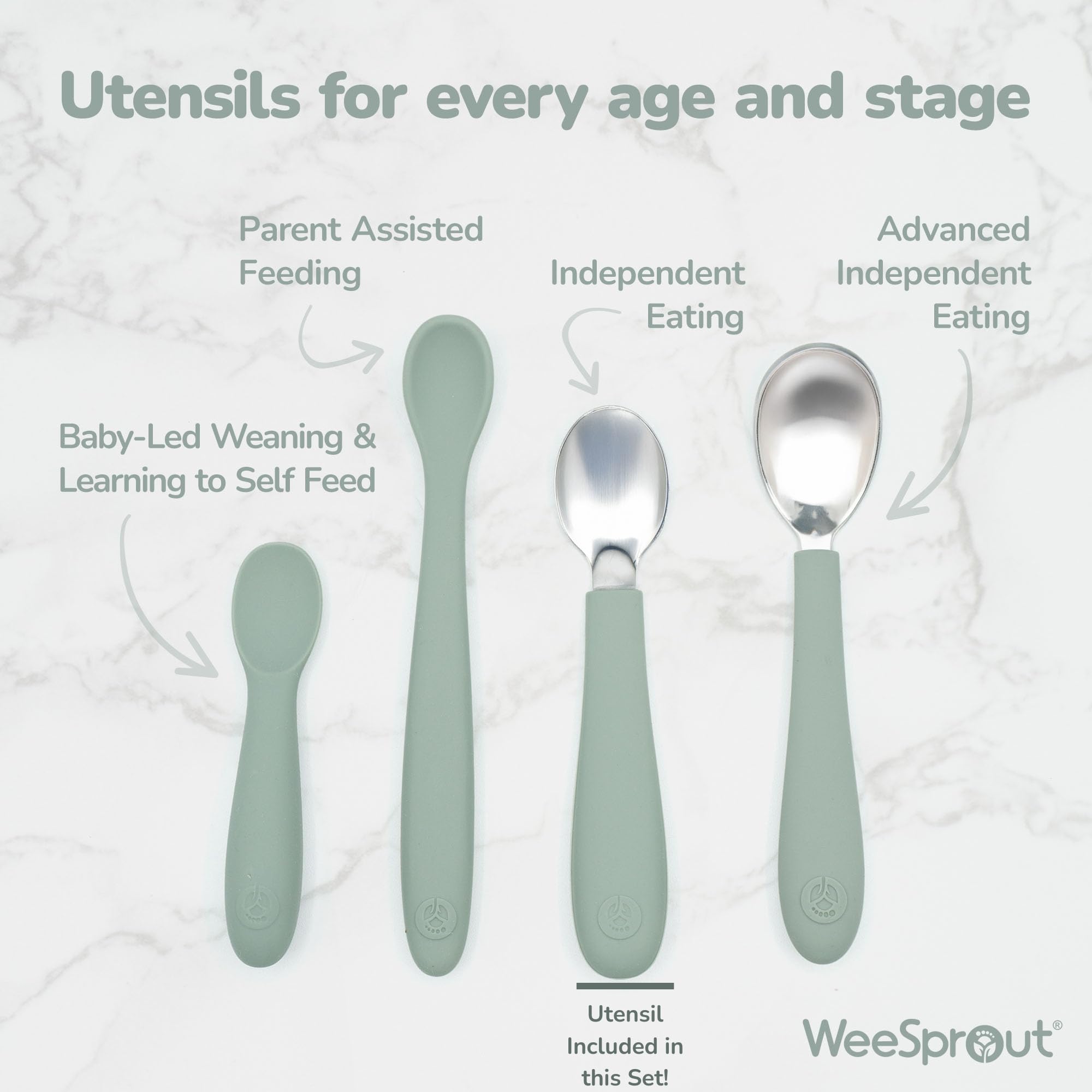 WeeSprout kid sized utensils designed for tiny hands during meals.