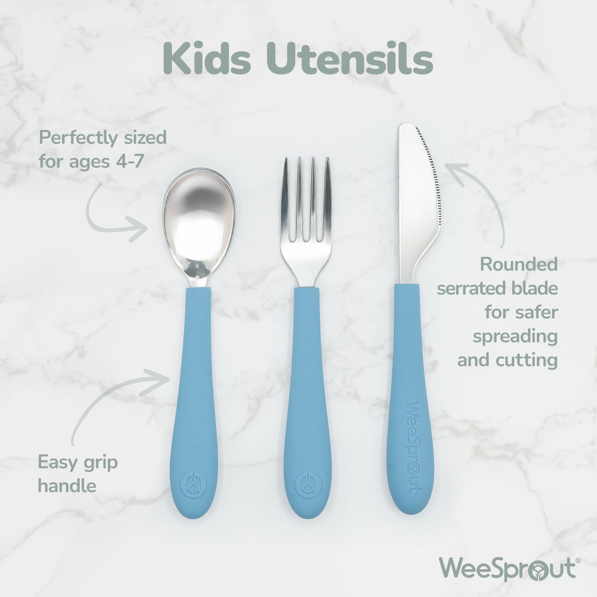 WeeSprout kids utensils knives blue rounded edges for safe practice cutting