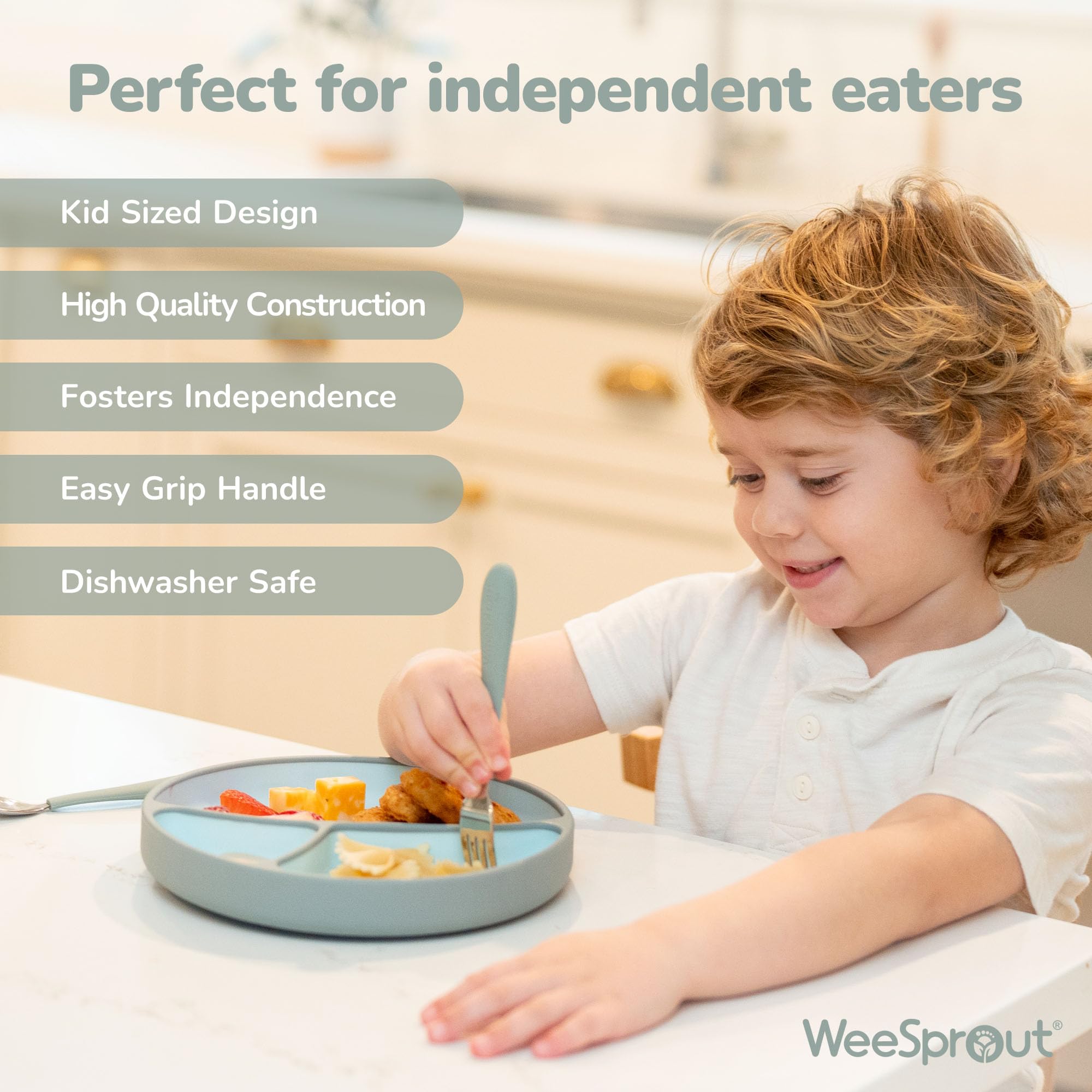 WeeSprout kids utensils set forks close-up showing balanced weight for precise dining.