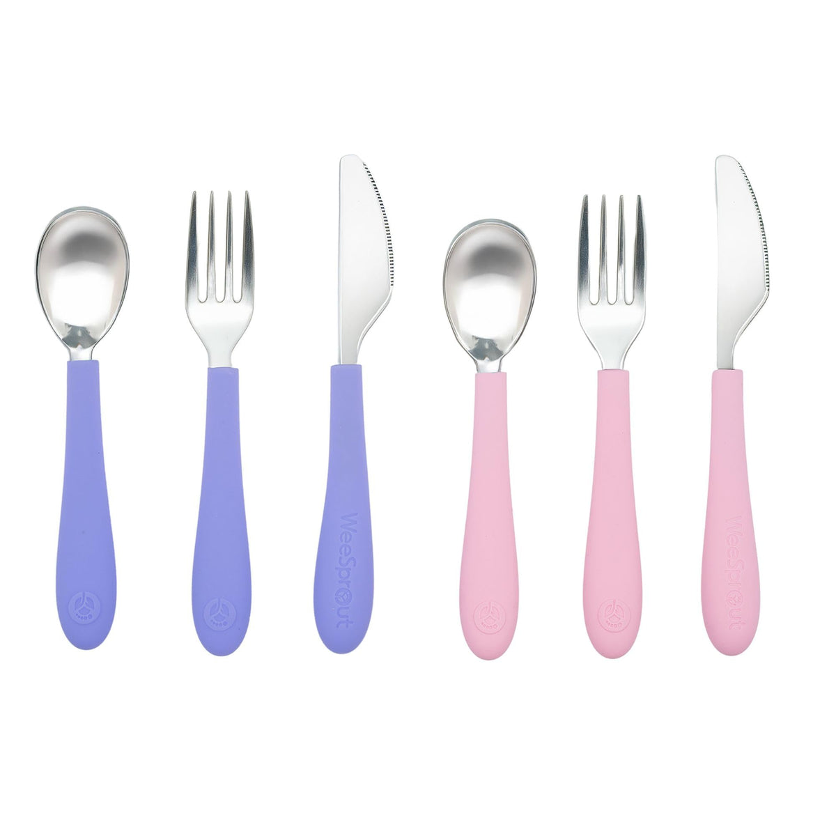 WeeSprout kids utensils set front view in purple and pink; ergonomic grip for small hands.