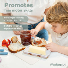 WeeSprout knives close-up with safety-rounded edges and balanced weight.