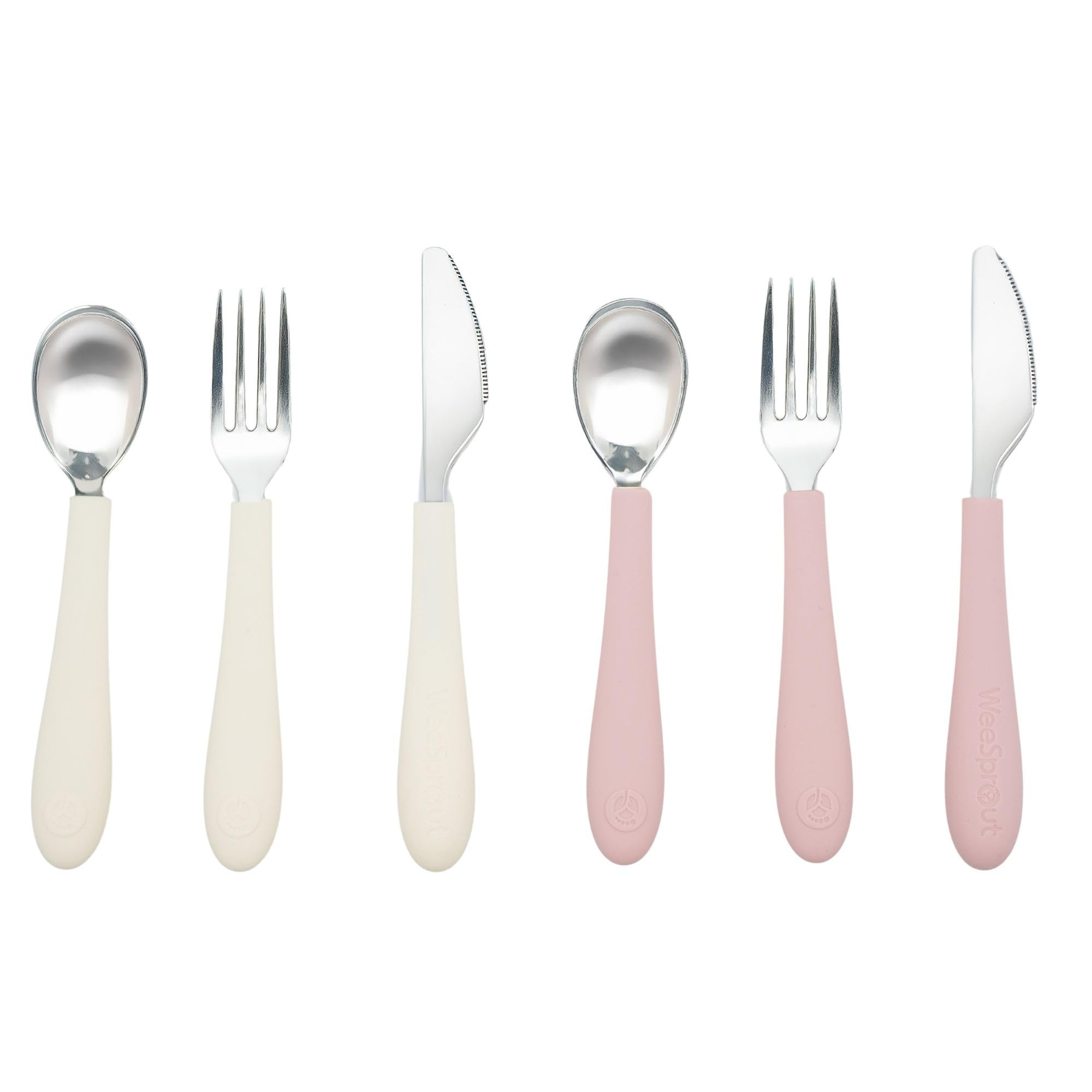 WeeSprout kids utensils set spoons close-up with comfortable silicone grip for easy self-feeding.