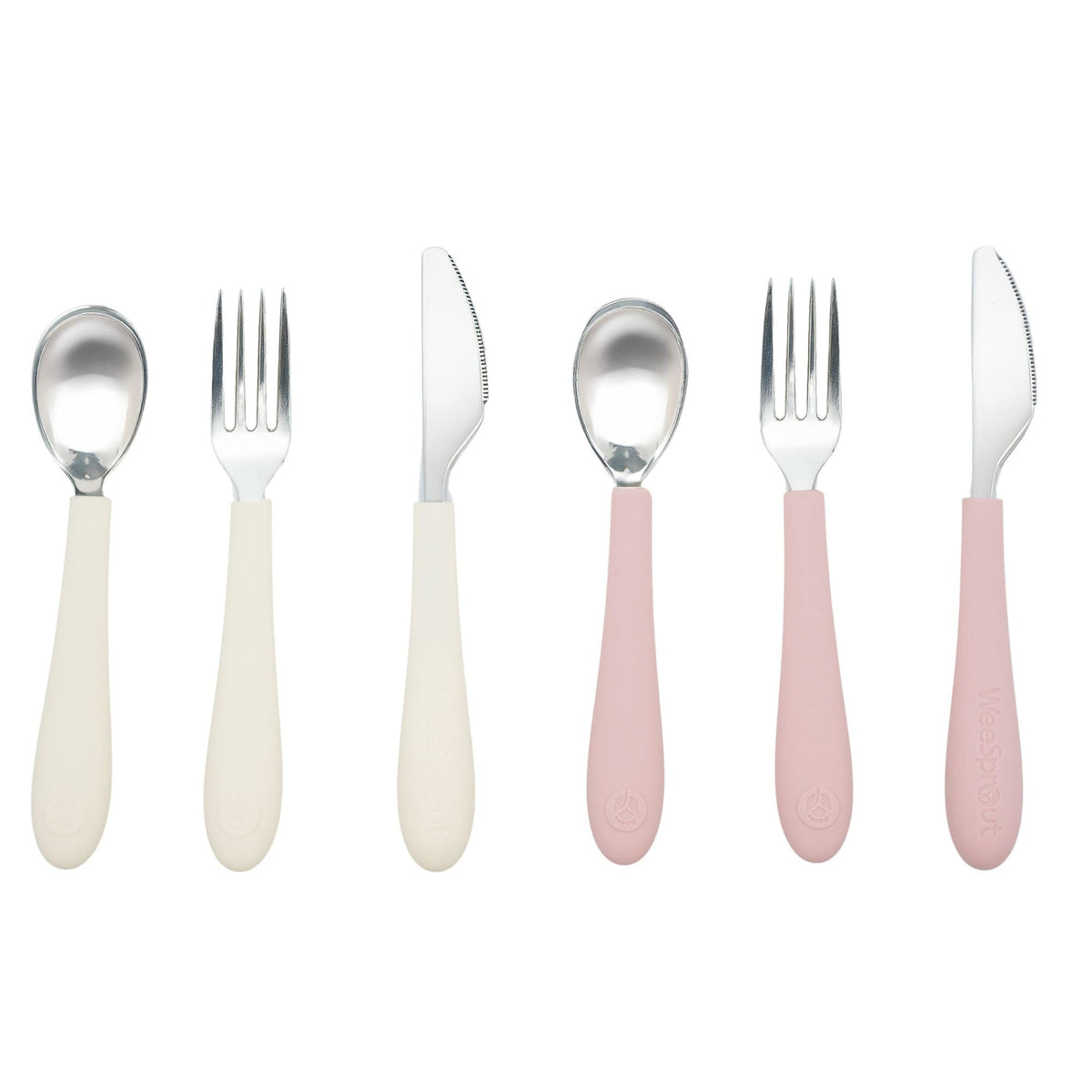 WeeSprout kids utensils set spoons close-up with comfortable silicone grip for easy self-feeding.