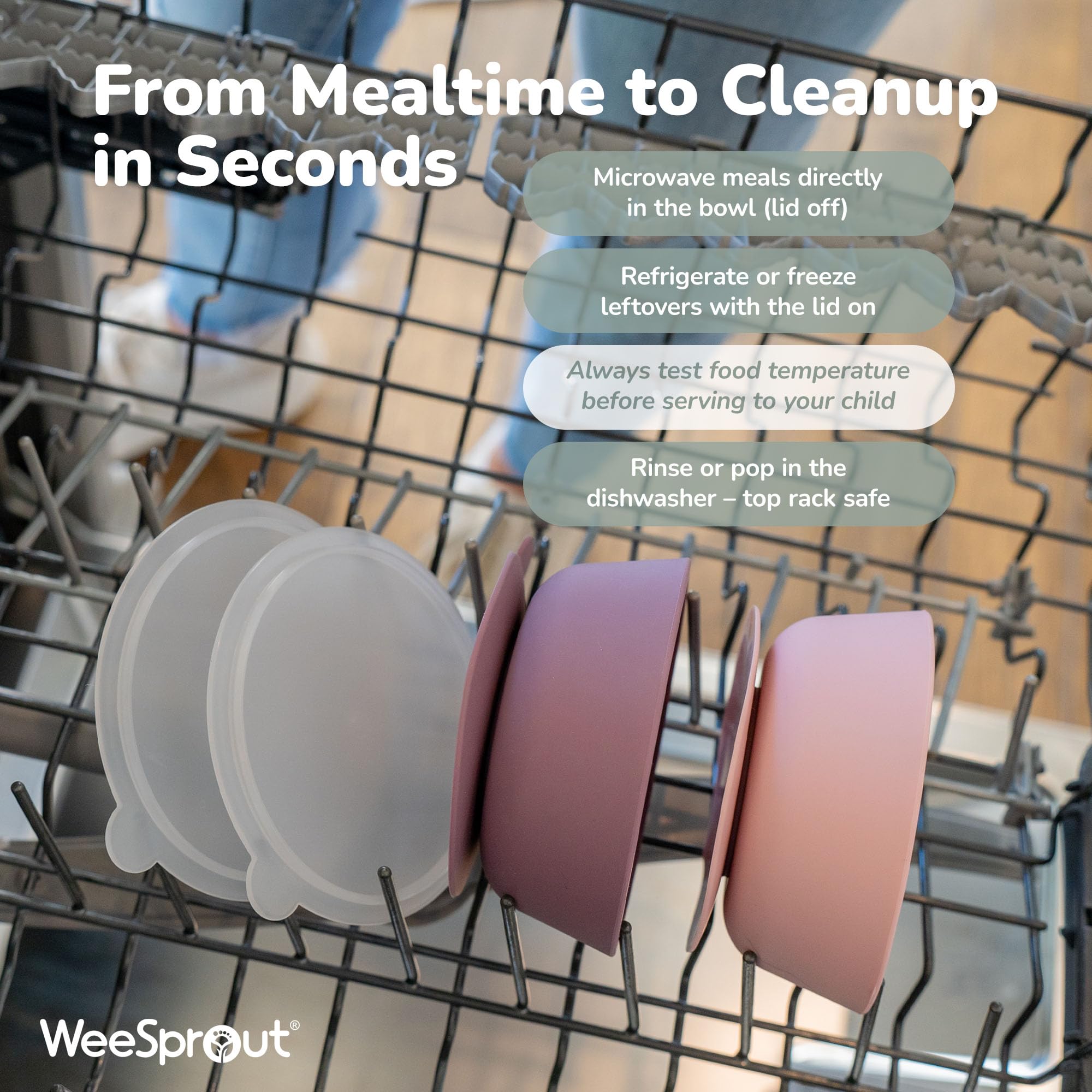 WeeSprout leakproof lids keep leftovers fresh for daycare or travel.
