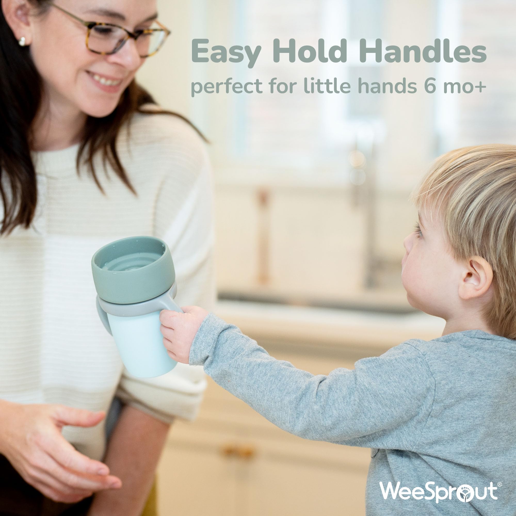 WeeSprout no-spill design toddler cup keeps mealtime tidy on a table surface.