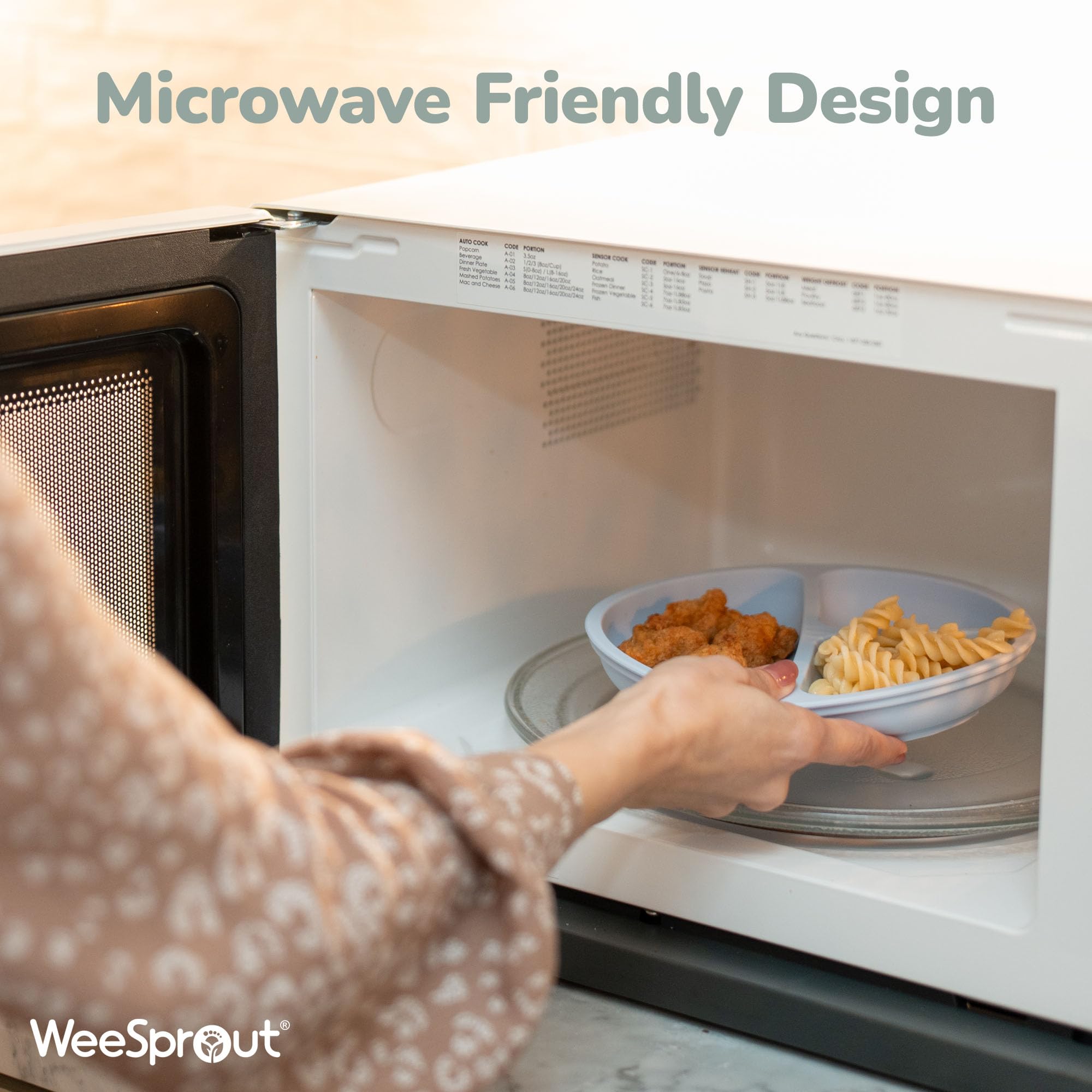 WeeSprout plate dishwasher and microwave safe icon, easy cleanup and reheating.