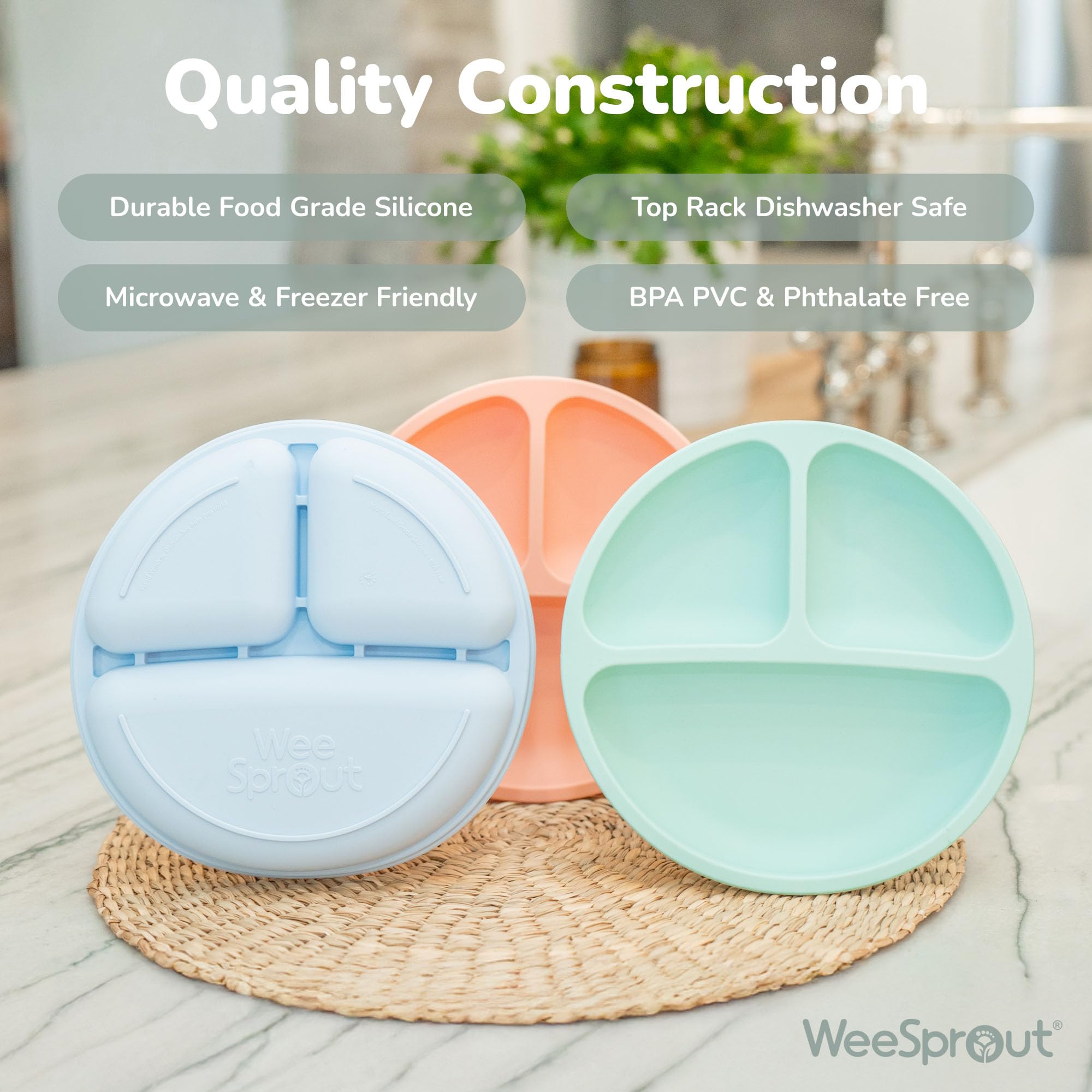 WeeSprout silicone divided plate color set, bright hues for engaging meals.