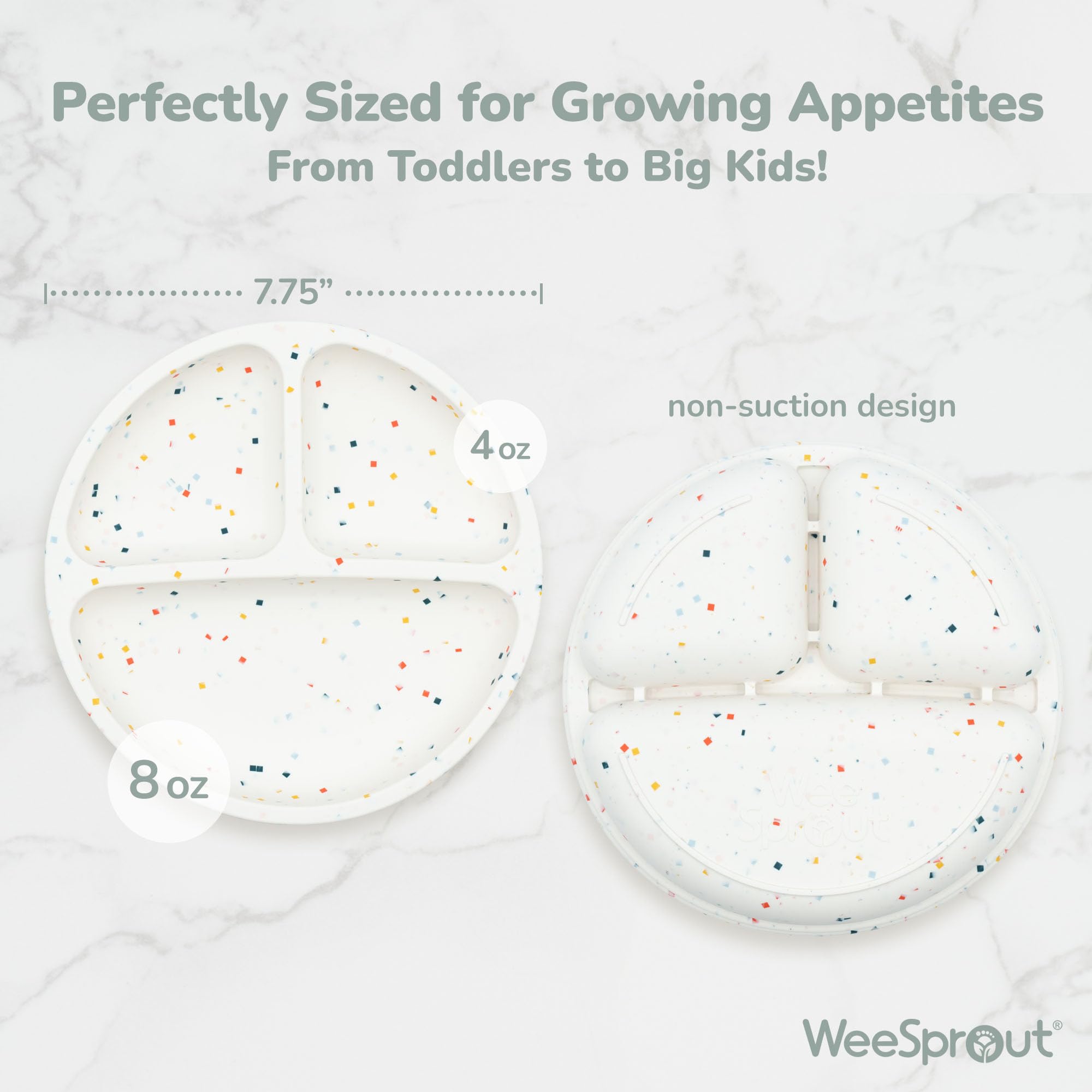 WeeSprout silicone divided plate raised edge closeup, helps little eaters scoop without spills.