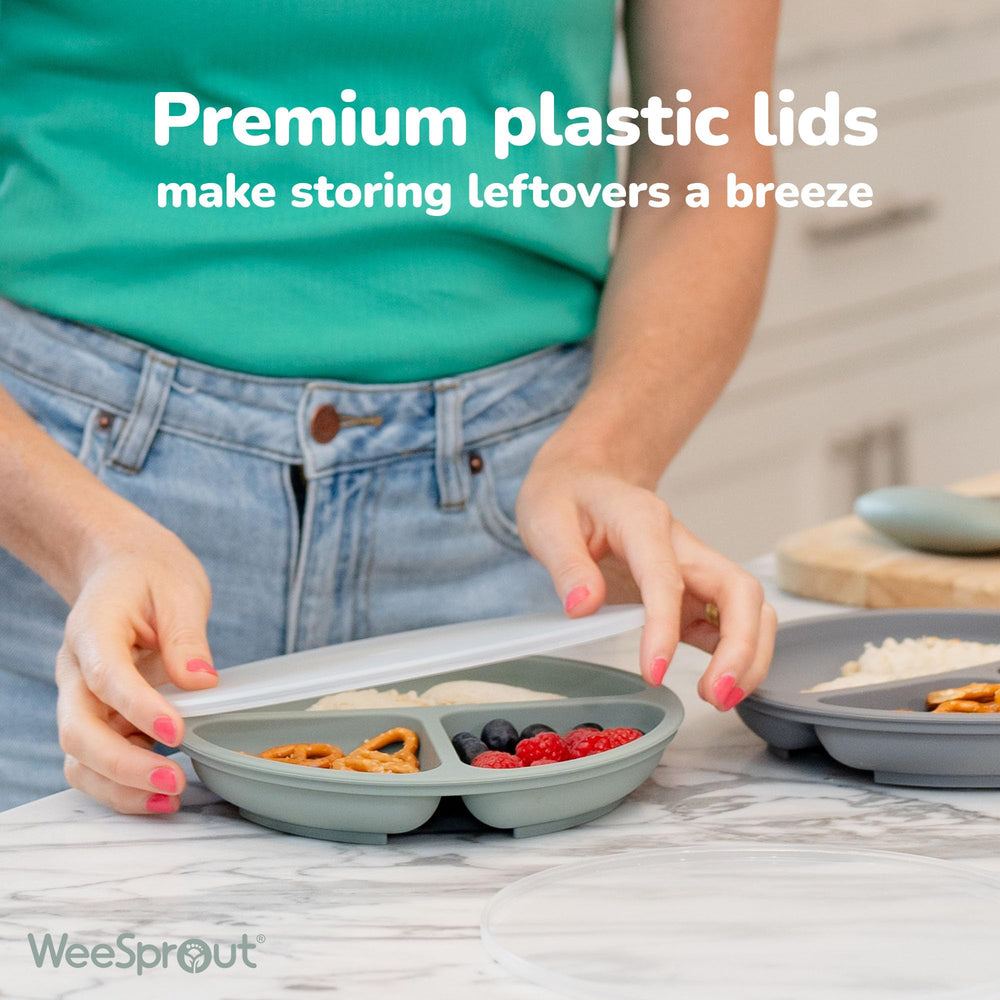 WeeSprout silicone divided plate stack, compact storage for busy families.