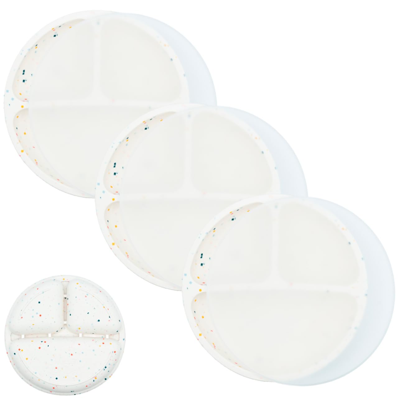 WeeSprout silicone divided plate in three colors, front view, supports mess-free meals.