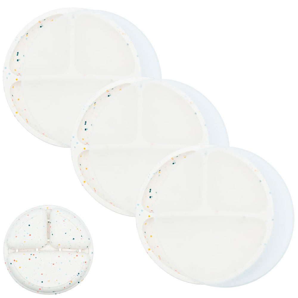 WeeSprout silicone divided plate in three colors, front view, supports mess-free meals.