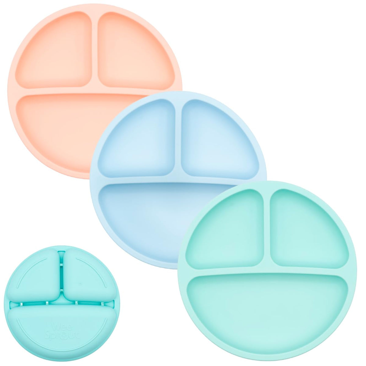 WeeSprout silicone divided plate; unbreakable toddler dish for mealtime.
