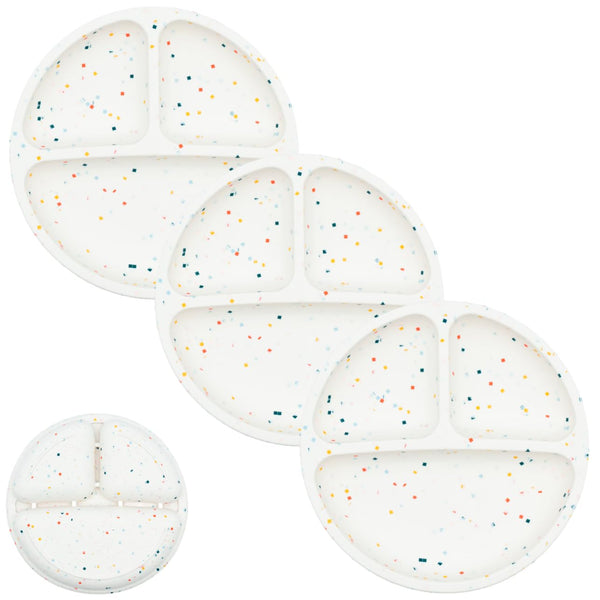 WeeSprout silicone divided plates colorfully set on table, durable for toddlers.