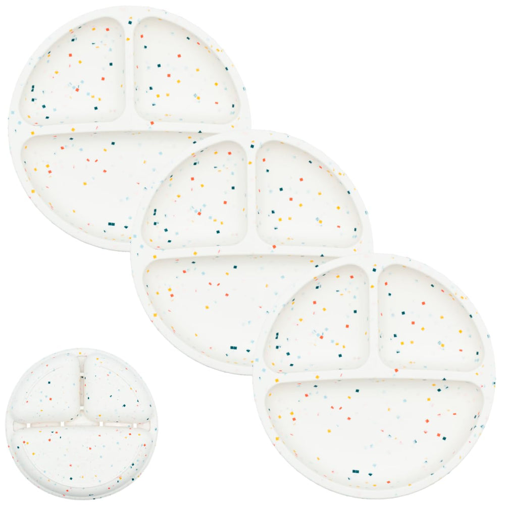WeeSprout silicone divided plates colorfully set on table, durable for toddlers.