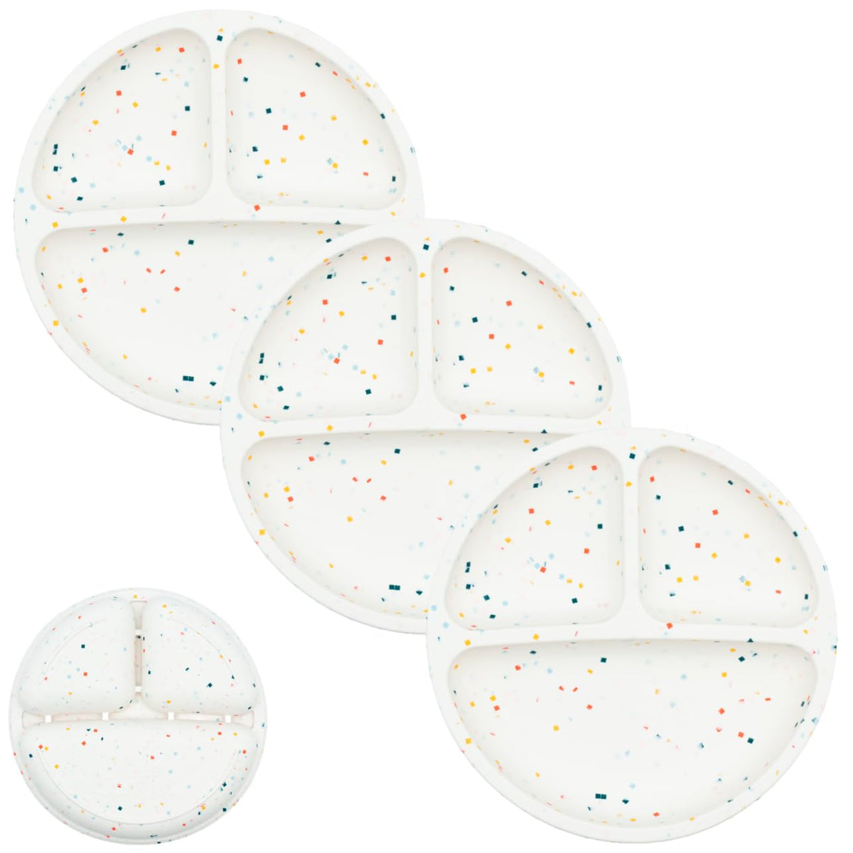 WeeSprout silicone divided plates colorfully set on table, durable for toddlers.