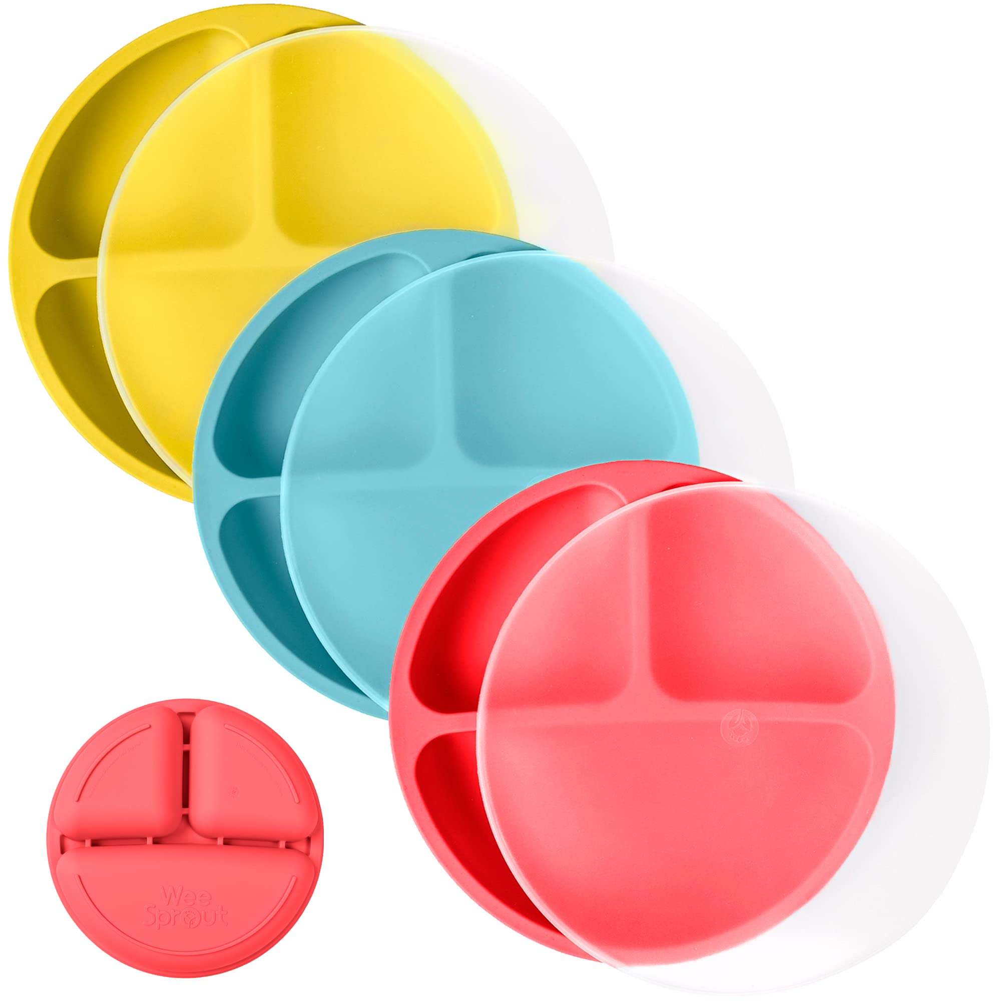 WeeSprout silicone plate triple set with lids supports self-feeding.