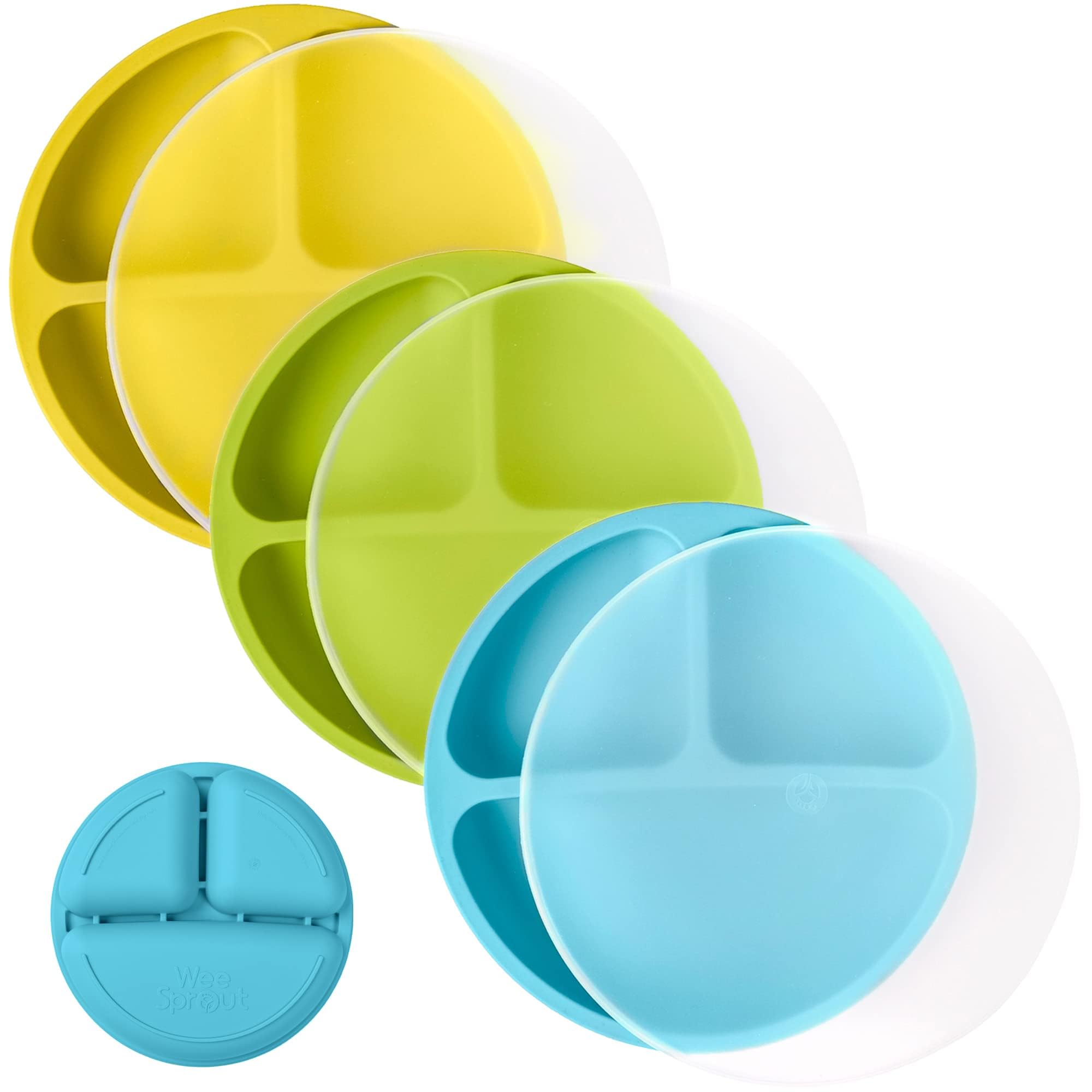 WeeSprout silicone plate with divided design keeps foods separate for toddlers.